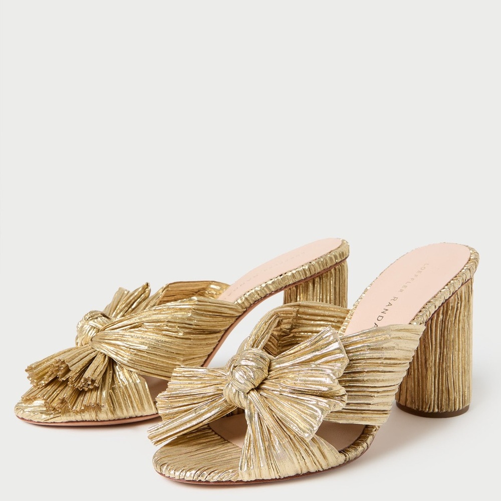 NIB Loeffler Randall Gold Penny Knot Mules Size 7.5